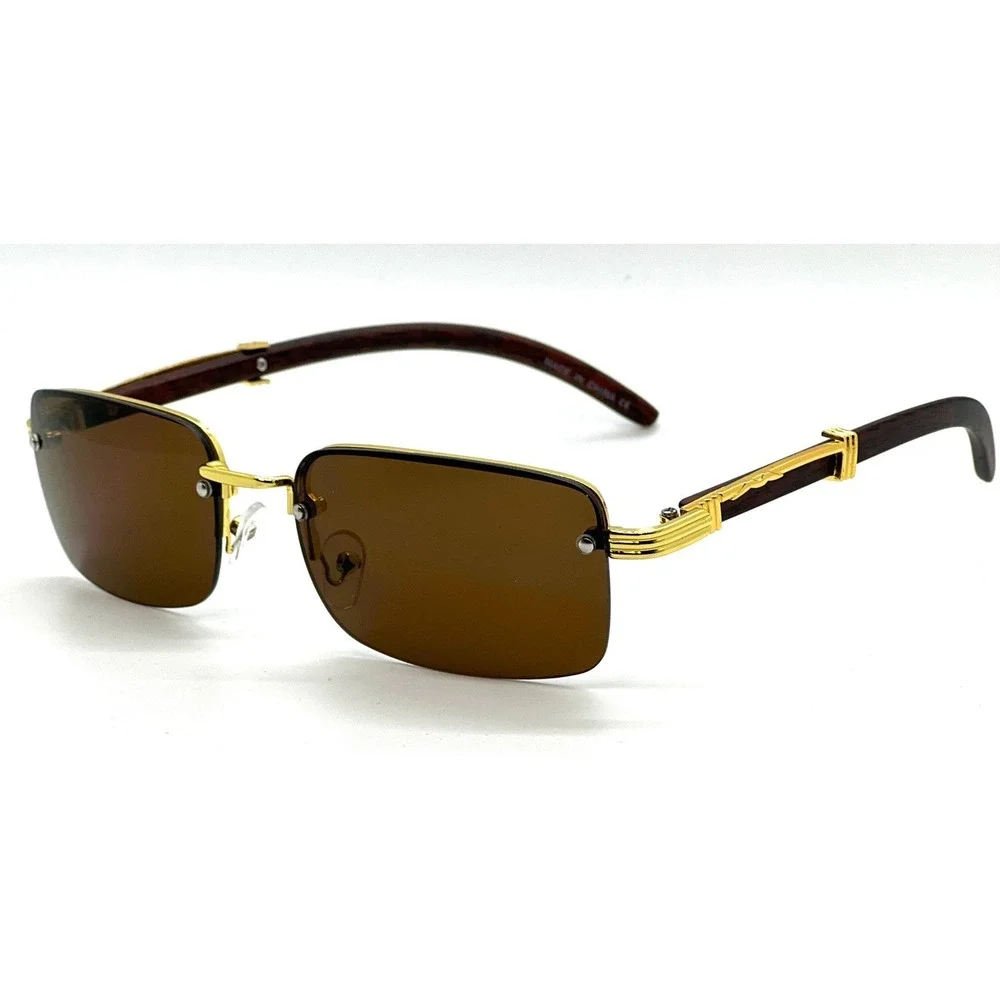 Rimless Sunglasses Square Dark Brown Lens Gold Trendy Classic Retro Shades Gafas
